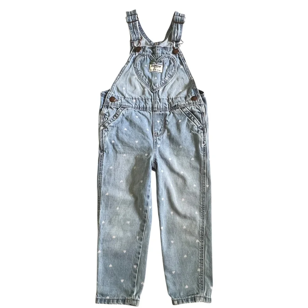 OshKosh Bgosh Toddler Girls 3T Heart Print Pocket Denim Overalls Blue Bibs Kids